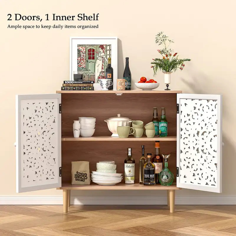 Anmytek Buffet et vaisselier en bois sculpté creux à 2 portes pour salon - 80 cm (L) x 35 cm (P) x 78 cm (H)