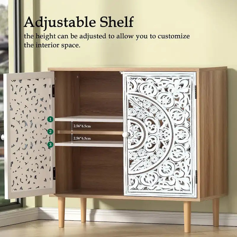 Anmytek Buffet et vaisselier en bois sculpté creux à 2 portes pour salon - 80 cm (L) x 35 cm (P) x 78 cm (H)
