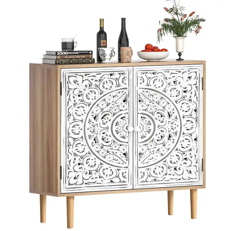 Anmytek Buffet et vaisselier en bois sculpté creux à 2 portes pour salon - 80 cm (L) x 35 cm (P) x 78 cm (H)