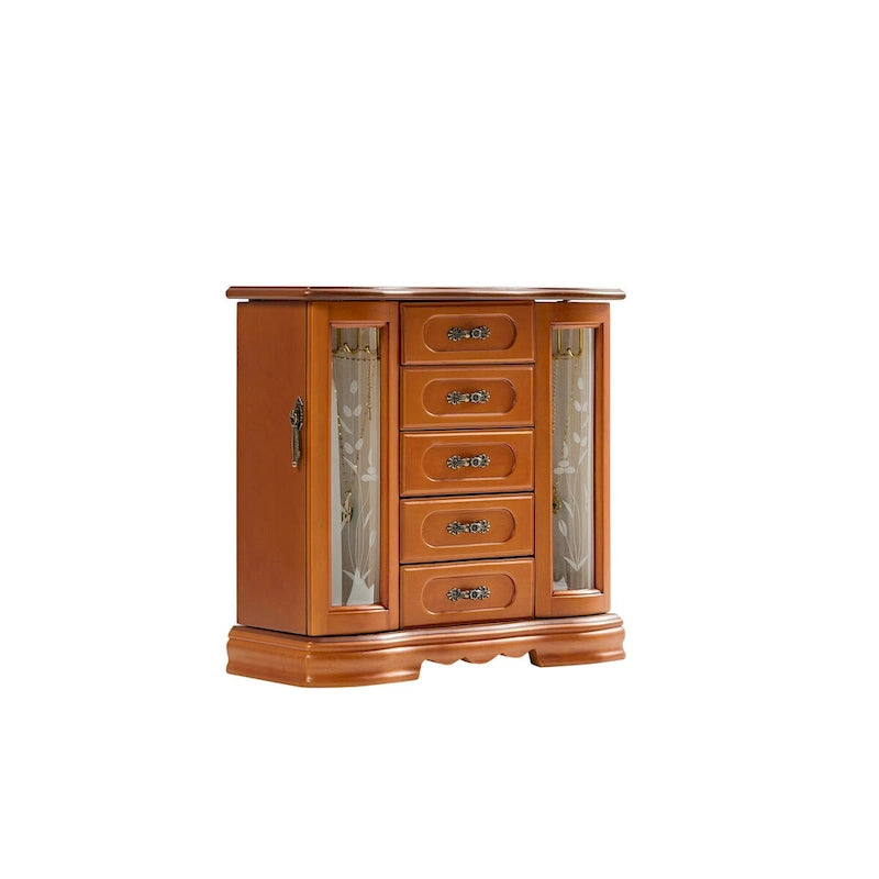 Boîte à Bijoux Stufurhome en Bois Massif avec 5 Tiroirs, Crochet pour Colliers Intégré et Miroir, Marron
