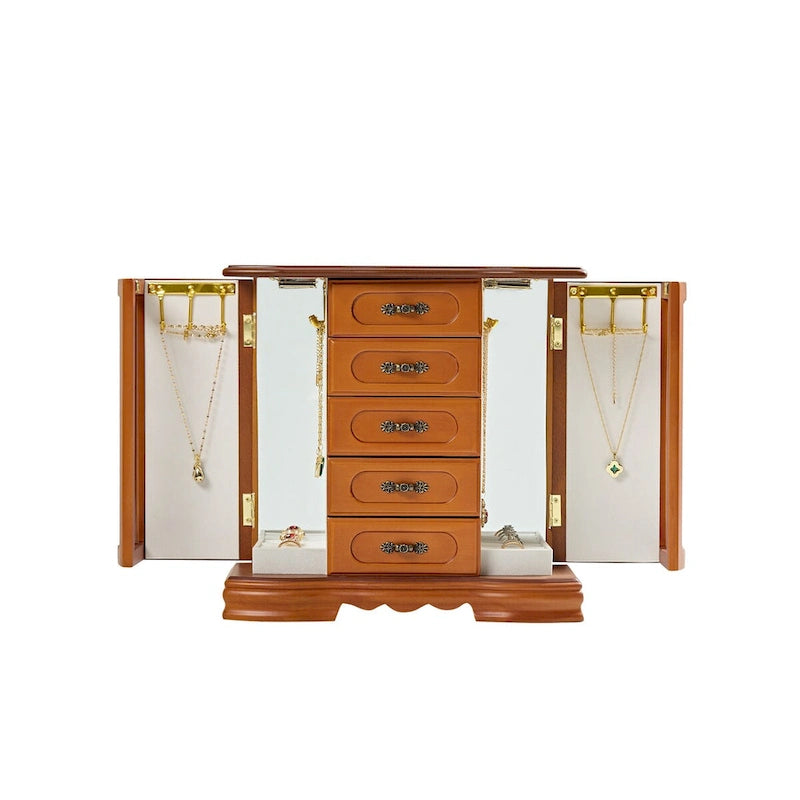 Boîte à Bijoux Stufurhome en Bois Massif avec 5 Tiroirs, Crochet pour Colliers Intégré et Miroir, Marron