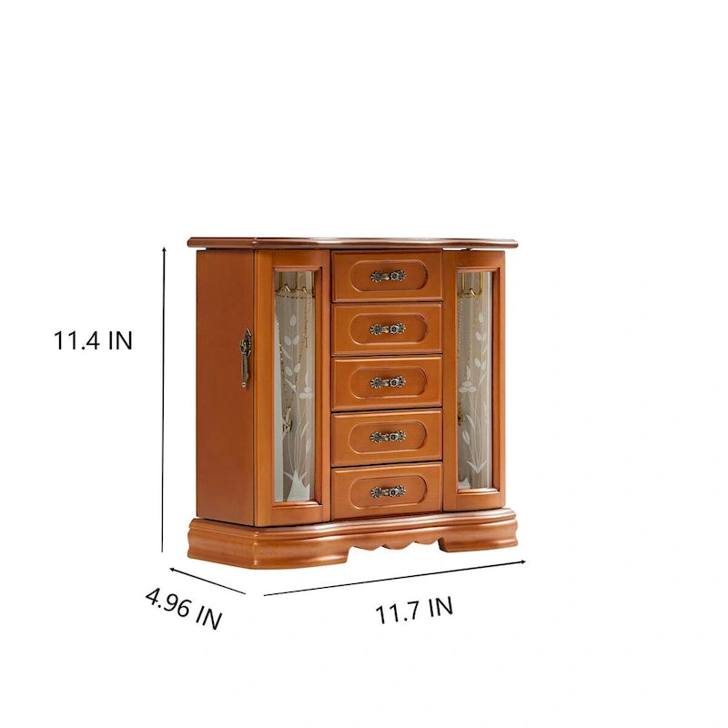 Boîte à Bijoux Stufurhome en Bois Massif avec 5 Tiroirs, Crochet pour Colliers Intégré et Miroir, Marron