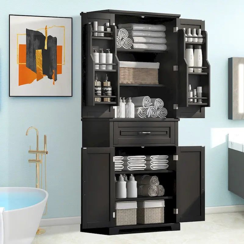 Meuble de rangement de salle de bain avec portes et tiroir, Espaces de rangement multiples, Étagère réglable
