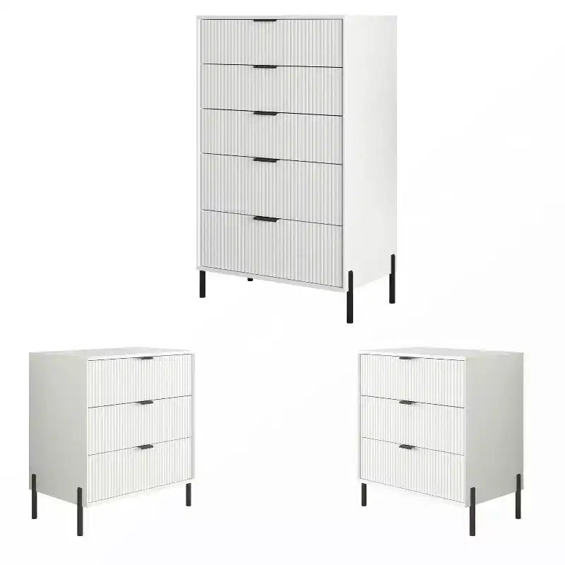 Festivo Ensemble 3 tables de chevet à 3 tiroirs et 1 commode à 5 tiroirs Élégance Moderne