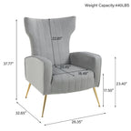 Fauteuil d'appoint à oreilles en velours rayé avec pieds en métal pour le salon