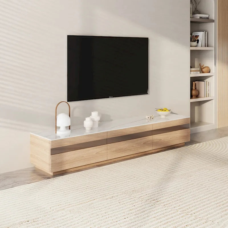 Meubles TV modernes en bois clair, plateau en pierre brillante, 3-6 tiroirs, entièrement assemblés
