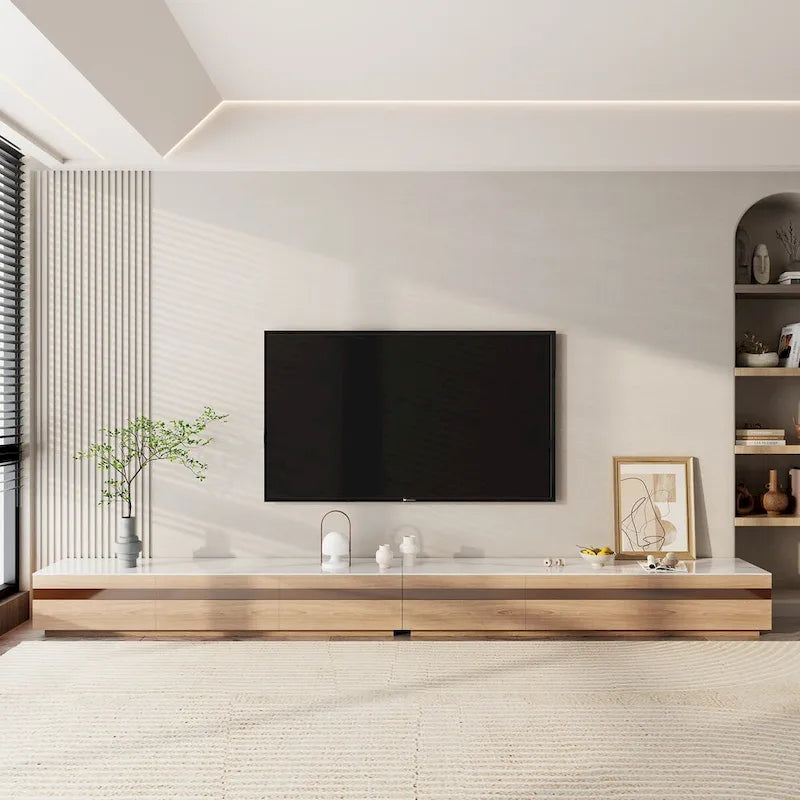 Meubles TV modernes en bois clair, plateau en pierre brillante, 3-6 tiroirs, entièrement assemblés