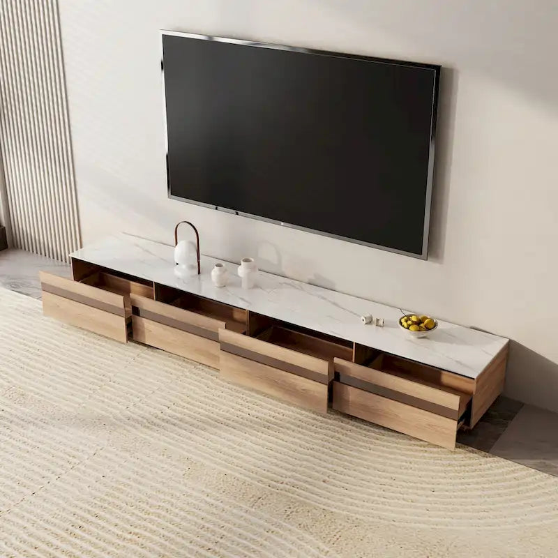 Meubles TV modernes en bois clair, plateau en pierre brillante, 3-6 tiroirs, entièrement assemblés