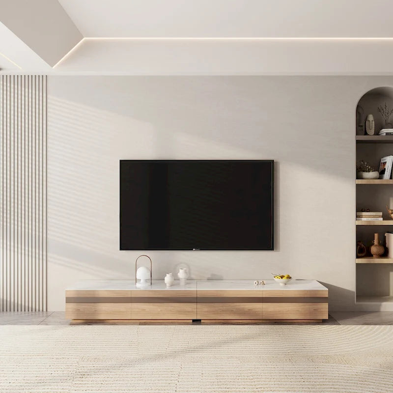 Meubles TV modernes en bois clair, plateau en pierre brillante, 3-6 tiroirs, entièrement assemblés