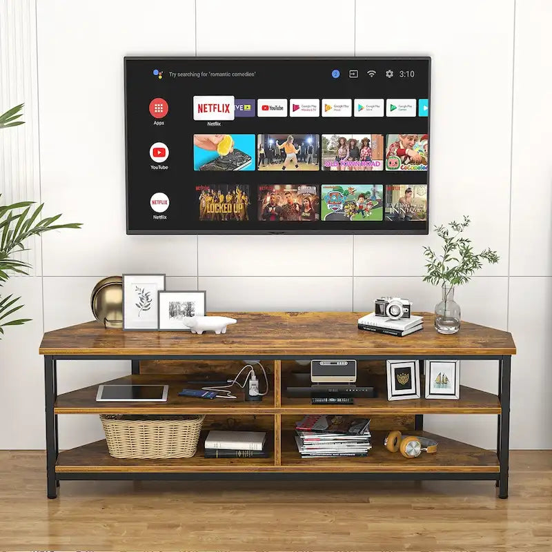 Meuble TV d'angle en bois de ferme avec prise de courant, meuble de divertissement peu encombrant, console TV multimédia