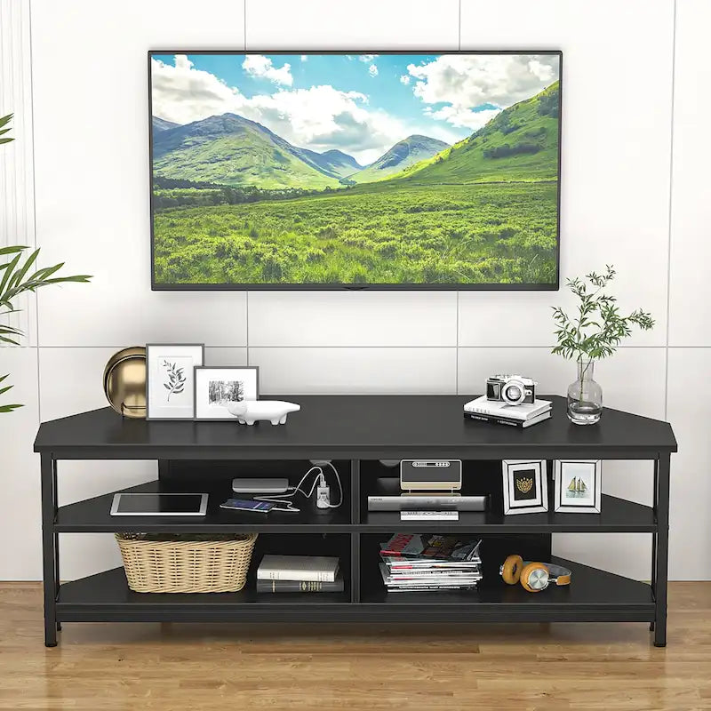 Meuble TV d'angle en bois de ferme avec prise de courant, meuble de divertissement peu encombrant, console TV multimédia