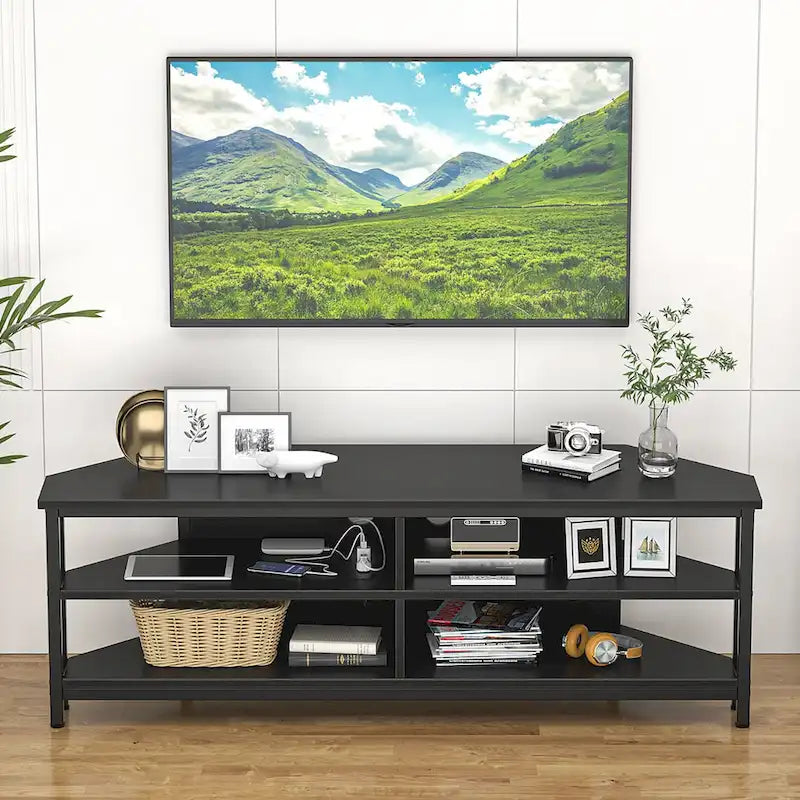 Meuble TV d'angle en bois de ferme avec prise de courant, meuble de divertissement peu encombrant, console TV multimédia