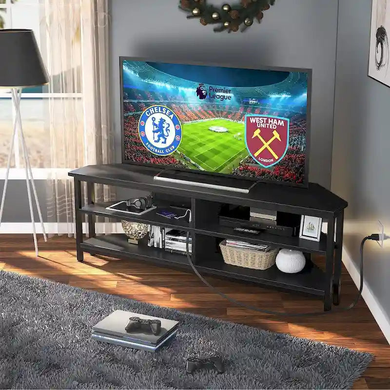 Meuble TV d'angle en bois de ferme avec prise de courant, meuble de divertissement peu encombrant, console TV multimédia