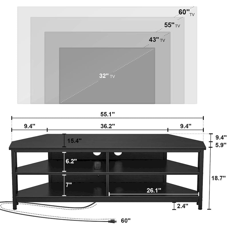 Meuble TV d'angle en bois de ferme avec prise de courant, meuble de divertissement peu encombrant, console TV multimédia