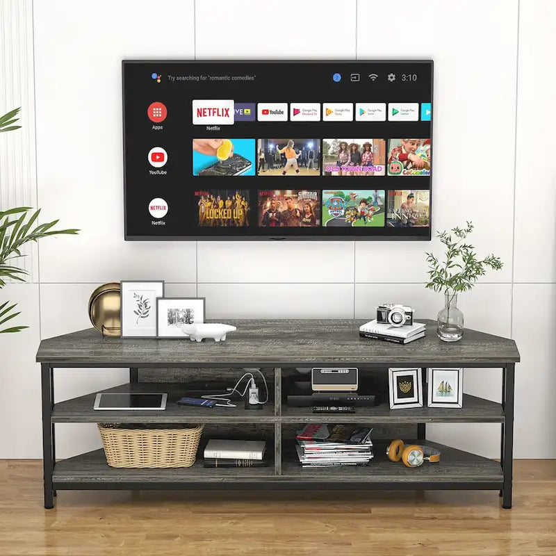 Meuble TV d'angle en bois de ferme avec prise de courant, meuble de divertissement peu encombrant, console TV multimédia