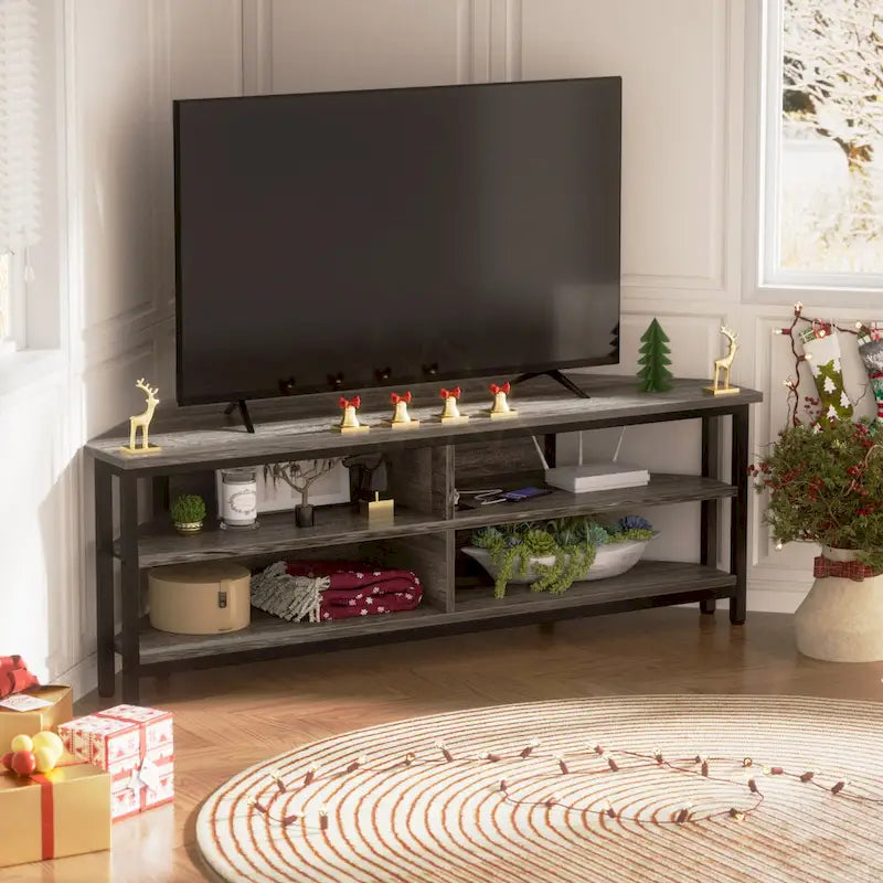 Meuble TV d'angle en bois de ferme avec prise de courant, meuble de divertissement peu encombrant, console TV multimédia