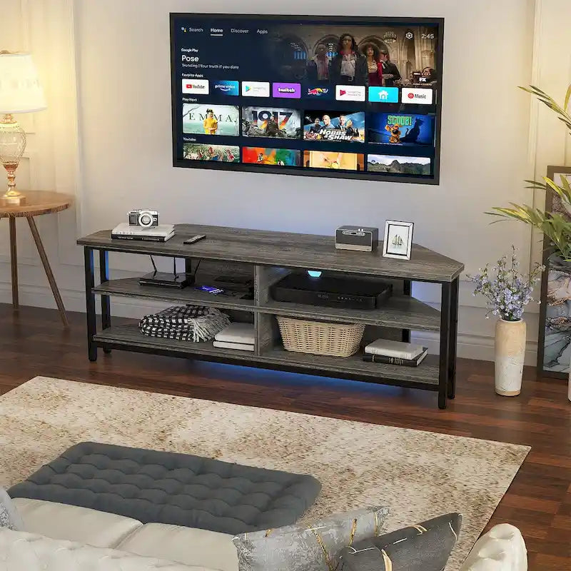 Meuble TV d'angle en bois de ferme avec prise de courant, meuble de divertissement peu encombrant, console TV multimédia