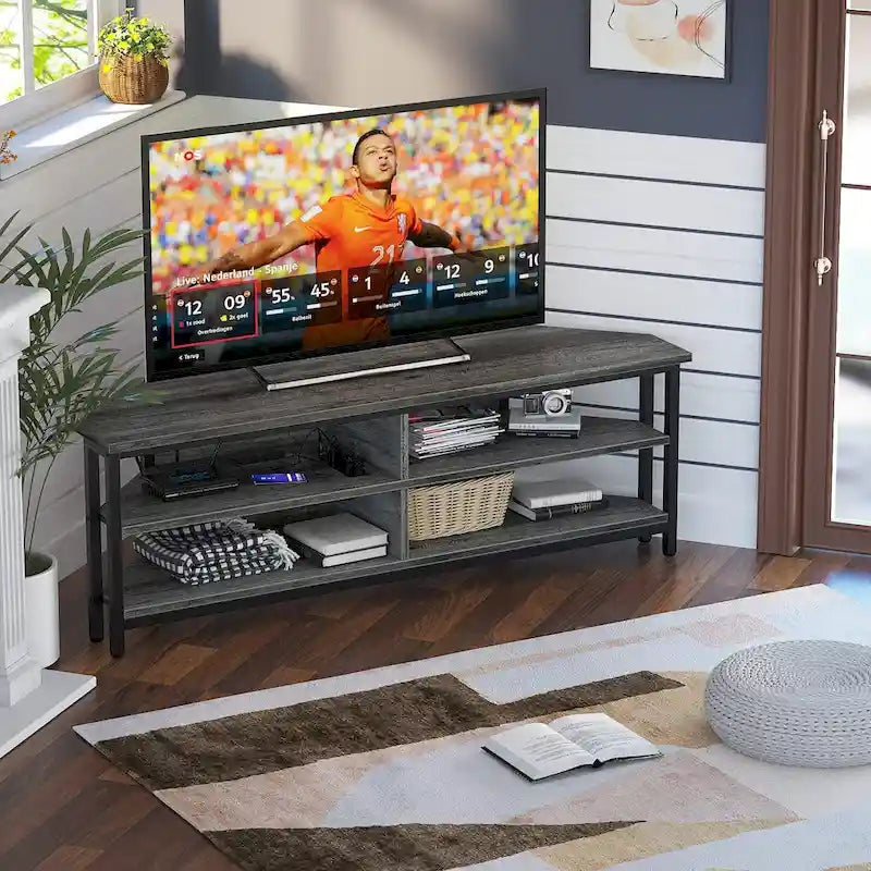 Meuble TV d'angle en bois de ferme avec prise de courant, meuble de divertissement peu encombrant, console TV multimédia