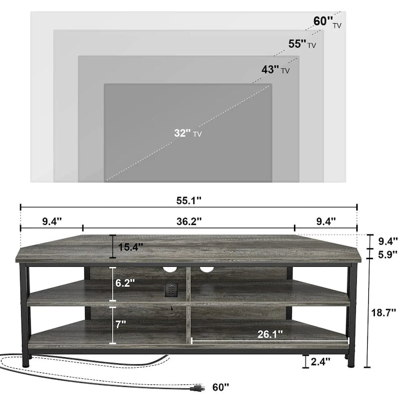 Meuble TV d'angle en bois de ferme avec prise de courant, meuble de divertissement peu encombrant, console TV multimédia