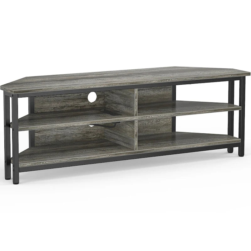 Meuble TV d'angle en bois de ferme avec prise de courant, meuble de divertissement peu encombrant, console TV multimédia