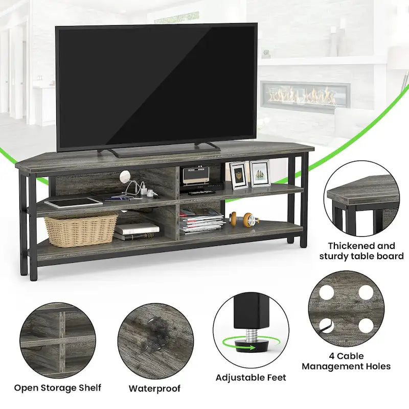 Meuble TV d'angle en bois de ferme avec prise de courant, meuble de divertissement peu encombrant, console TV multimédia