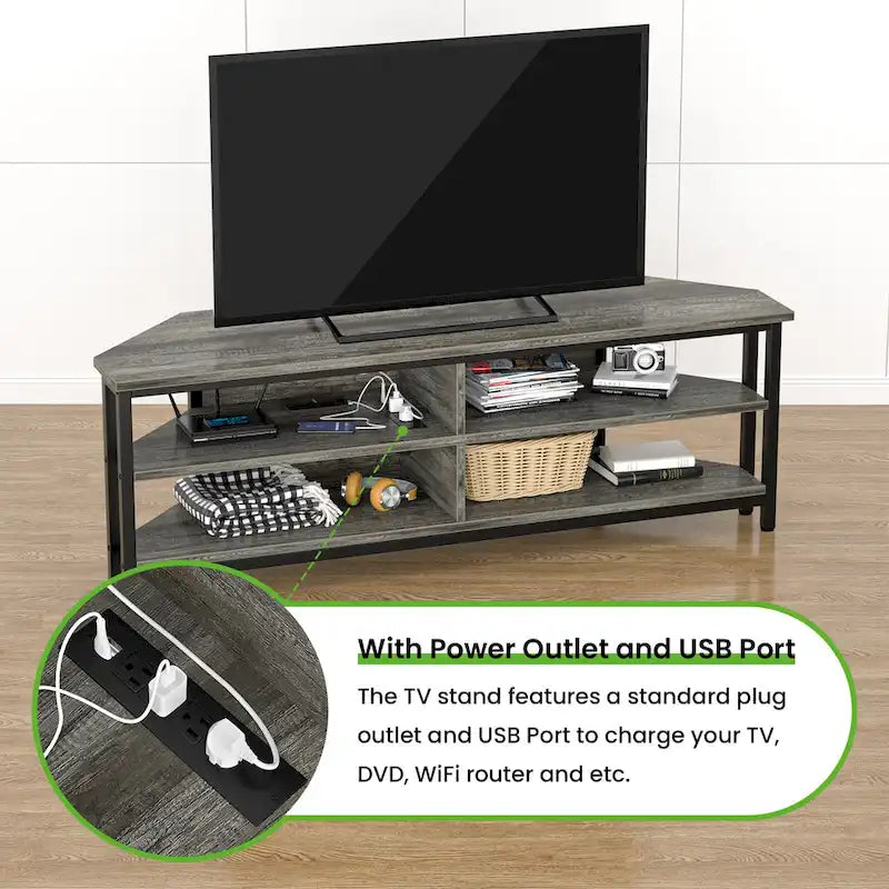 Meuble TV d'angle en bois de ferme avec prise de courant, meuble de divertissement peu encombrant, console TV multimédia