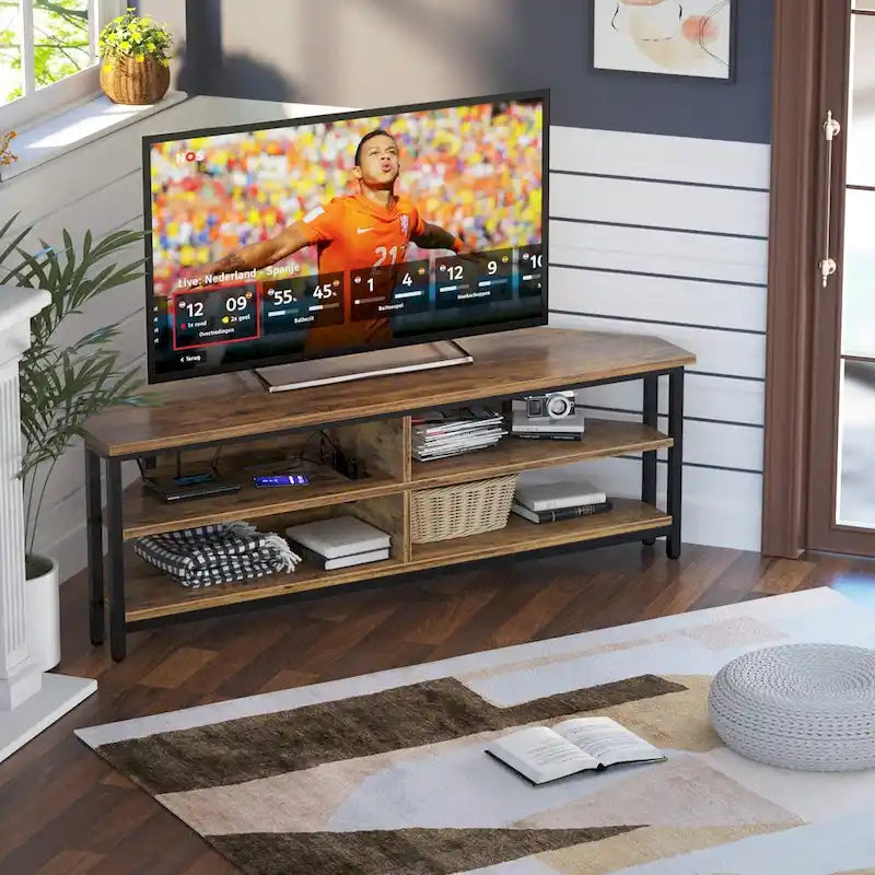 Meuble TV d'angle en bois de ferme avec prise de courant, meuble de divertissement peu encombrant, console TV multimédia