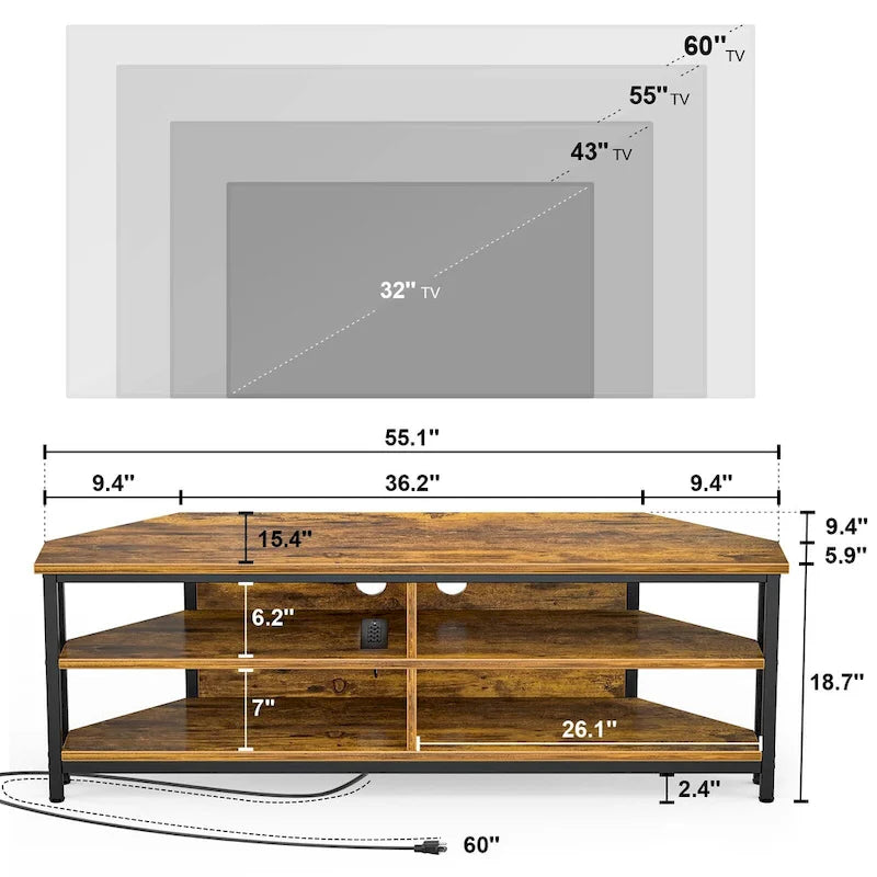 Meuble TV d'angle en bois de ferme avec prise de courant, meuble de divertissement peu encombrant, console TV multimédia