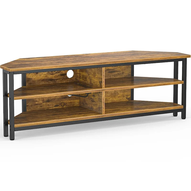 Meuble TV d'angle en bois de ferme avec prise de courant, meuble de divertissement peu encombrant, console TV multimédia