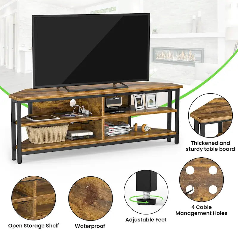 Meuble TV d'angle en bois de ferme avec prise de courant, meuble de divertissement peu encombrant, console TV multimédia