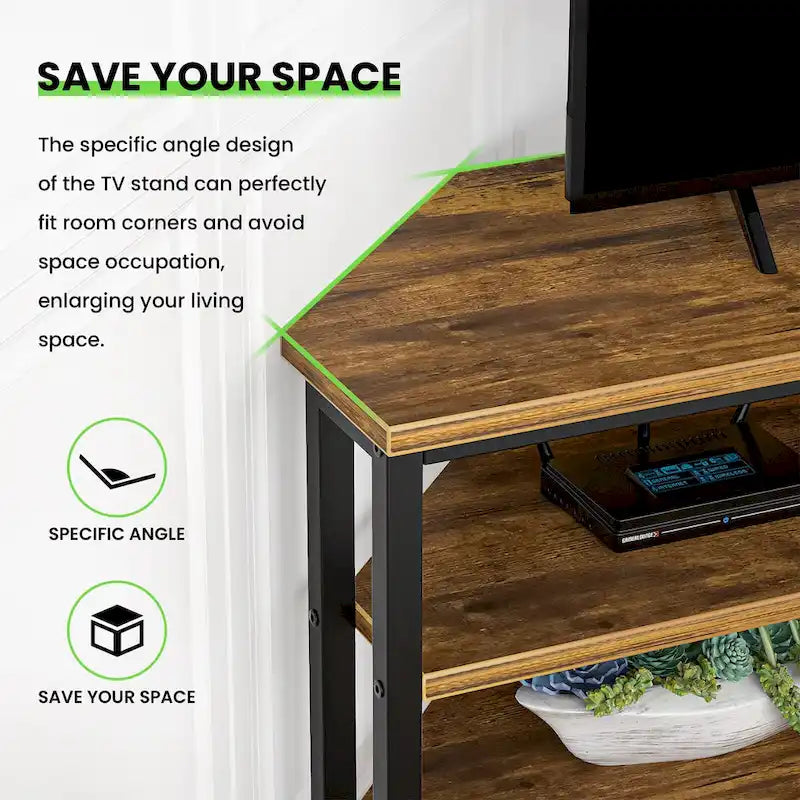 Meuble TV d'angle en bois de ferme avec prise de courant, meuble de divertissement peu encombrant, console TV multimédia