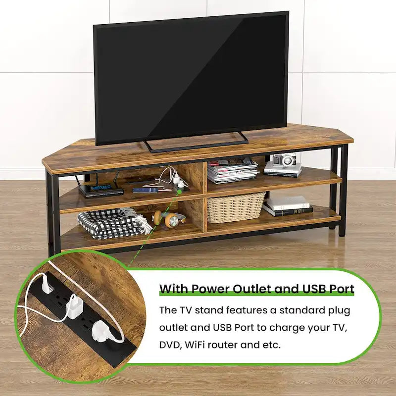 Meuble TV d'angle en bois de ferme avec prise de courant, meuble de divertissement peu encombrant, console TV multimédia
