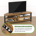 Meuble TV d'angle en bois de ferme avec prise de courant, meuble de divertissement peu encombrant, console TV multimédia