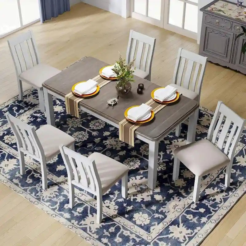 Ensemble table et chaises de salle à manger rétro 7 pièces pour 6 personnes - Table extensible et 6 chaises rembourrées