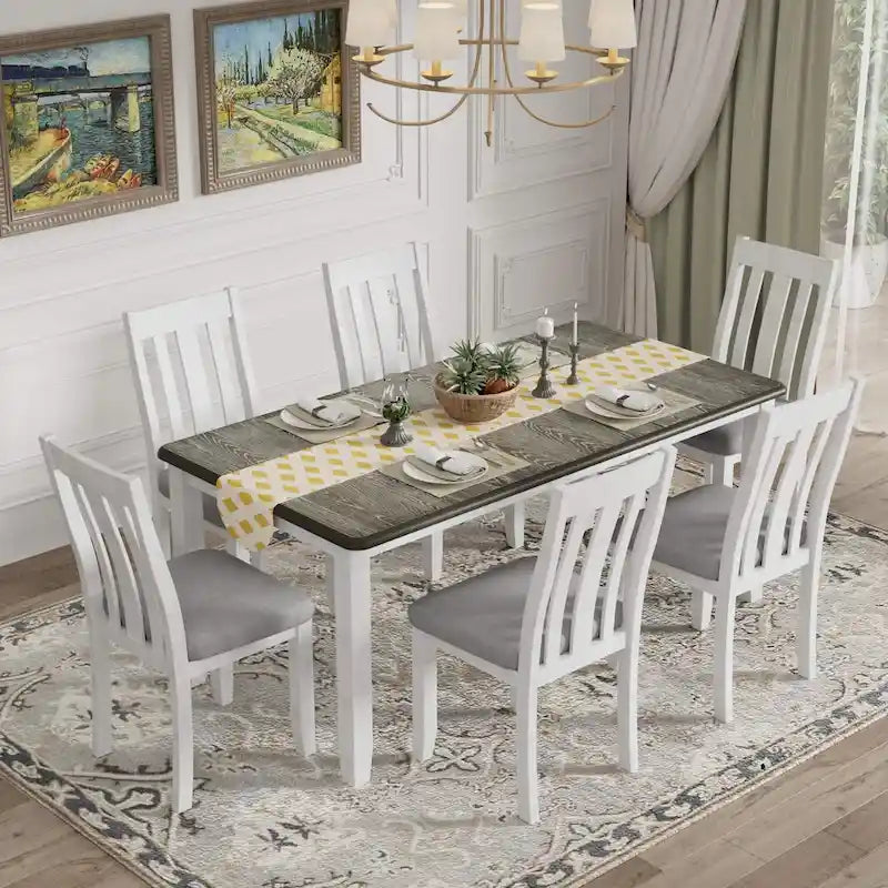 Ensemble table et chaises de salle à manger rétro 7 pièces pour 6 personnes - Table extensible et 6 chaises rembourrées