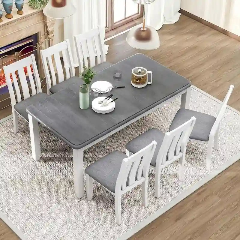 Ensemble table et chaises de salle à manger rétro 7 pièces pour 6 personnes - Table extensible et 6 chaises rembourrées