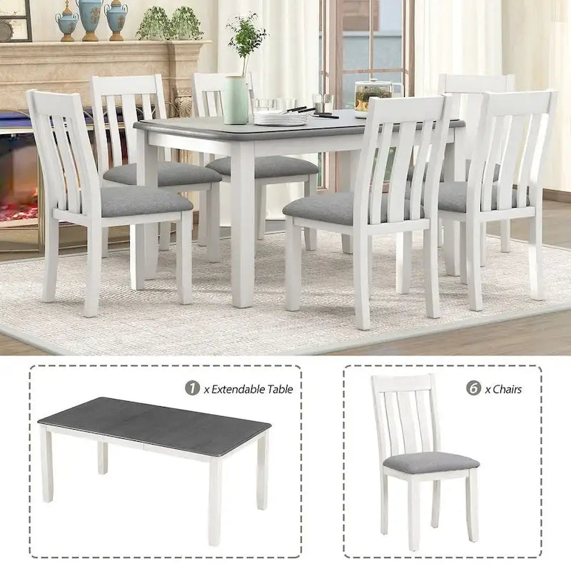 Ensemble table et chaises de salle à manger rétro 7 pièces pour 6 personnes - Table extensible et 6 chaises rembourrées