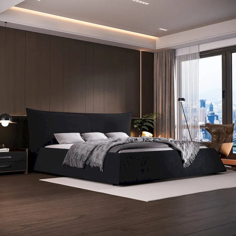 King Size Velvet Upholstered Platform Bed Frame with Soft Padded Headboard