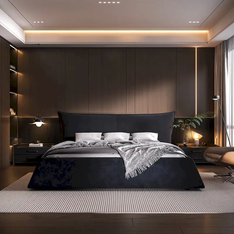 Cadre de lit plateforme capitonné en velours King Size avec tête de lit rembourrée douce