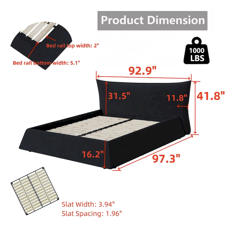Cadre de lit plateforme capitonné en velours King Size avec tête de lit rembourrée douce