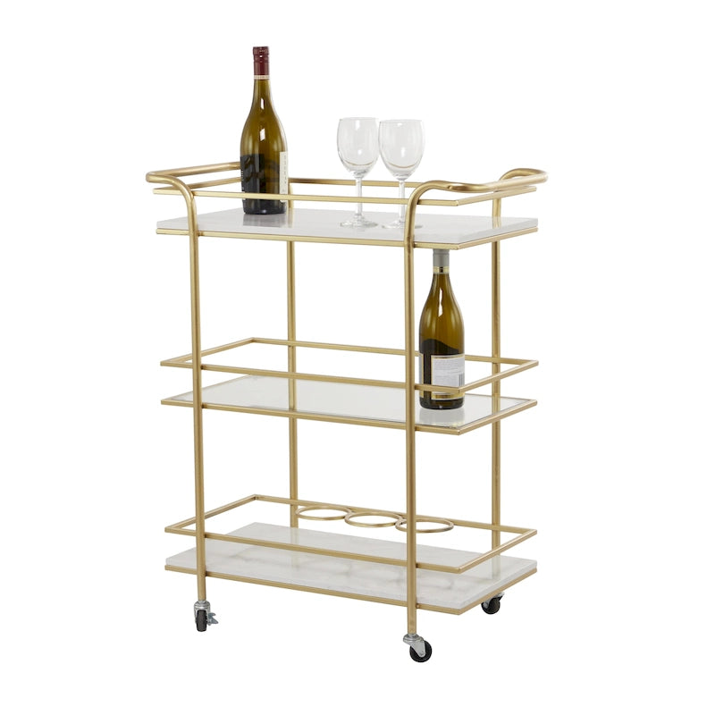 Desserte de bar roulante à 1 tablette en verre et 2 tablettes en marbre avec poignées – Or – Roche River Decor