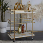 Desserte de bar roulante à 1 tablette en verre et 2 tablettes en marbre avec poignées – Or – Roche River Decor