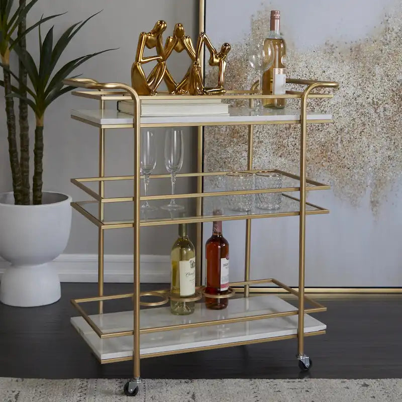 Desserte de bar roulante à 1 tablette en verre et 2 tablettes en marbre avec poignées – Or – Roche River Decor
