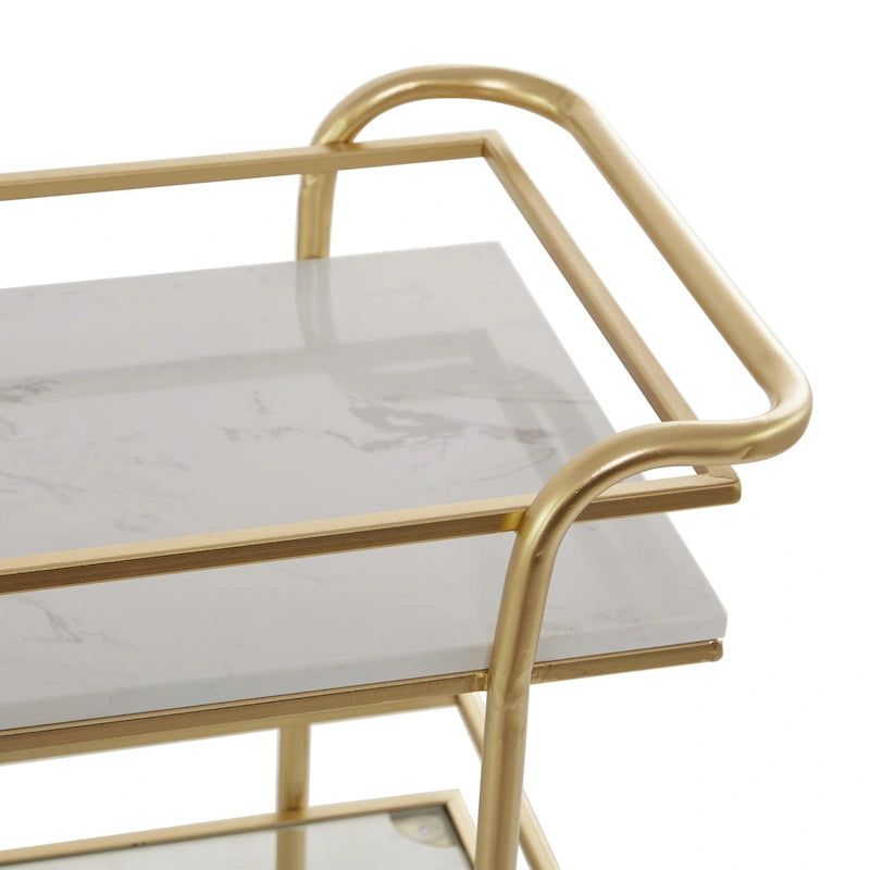 Desserte de bar roulante à 1 tablette en verre et 2 tablettes en marbre avec poignées – Or – Roche River Decor