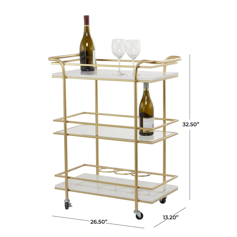 Desserte de bar roulante à 1 tablette en verre et 2 tablettes en marbre avec poignées – Or – Roche River Decor
