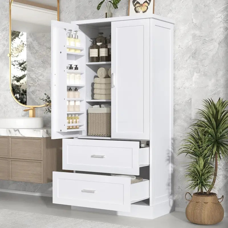 Meuble de Rangement Haut pour Salle de Bain, Meuble avec Deux Portes et Tiroirs, Étagère Réglable, Panneau MDF, Blanc