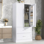 Meuble de Rangement Haut pour Salle de Bain, Meuble avec Deux Portes et Tiroirs, Étagère Réglable, Panneau MDF, Blanc