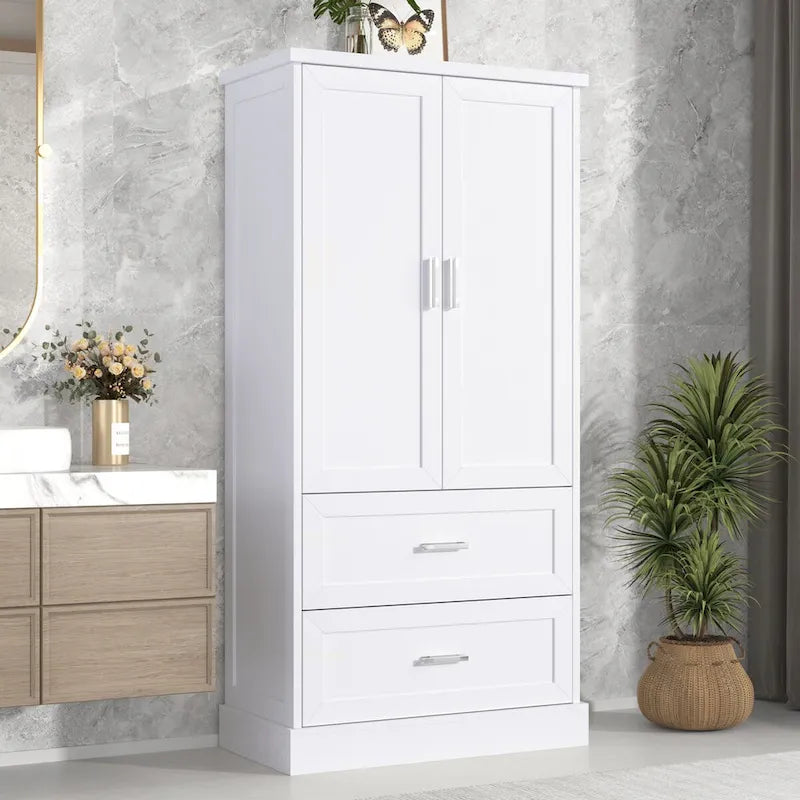 Meuble de Rangement Haut pour Salle de Bain, Meuble avec Deux Portes et Tiroirs, Étagère Réglable, Panneau MDF, Blanc