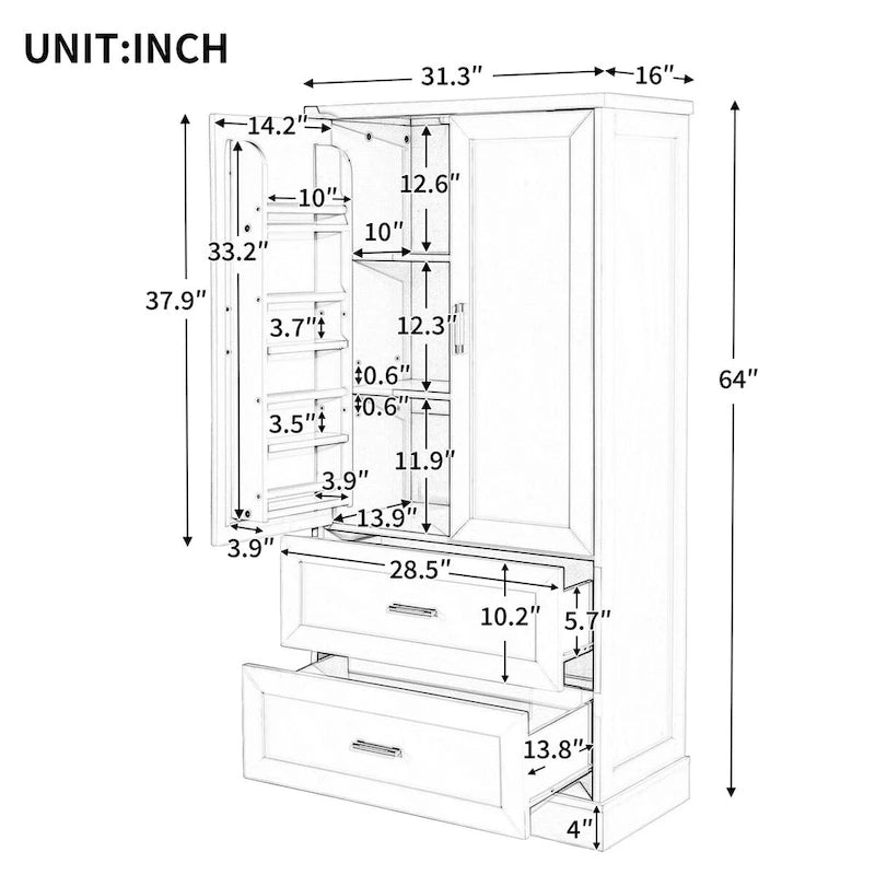 Meuble de Rangement Haut pour Salle de Bain, Meuble avec Deux Portes et Tiroirs, Étagère Réglable, Panneau MDF, Blanc