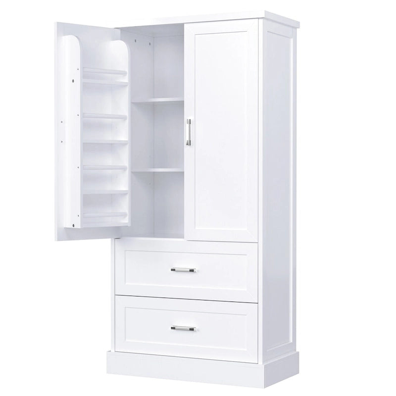 Meuble de Rangement Haut pour Salle de Bain, Meuble avec Deux Portes et Tiroirs, Étagère Réglable, Panneau MDF, Blanc